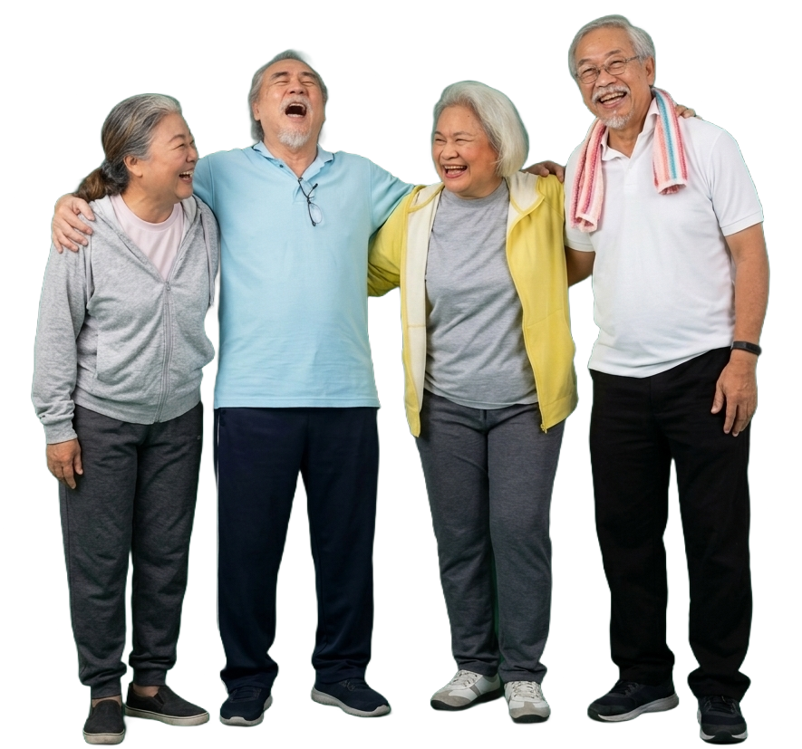 Four smiling residents laughing together at Stewton House