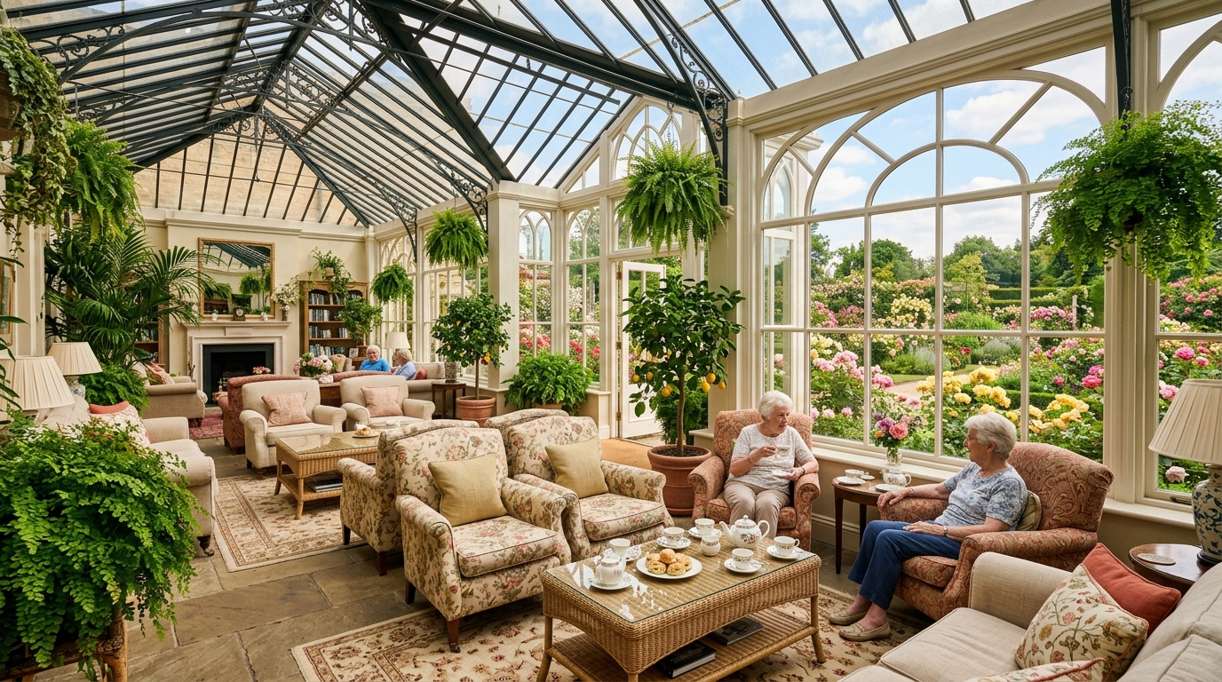 Sunlit conservatory with floor-to-ceiling garden views